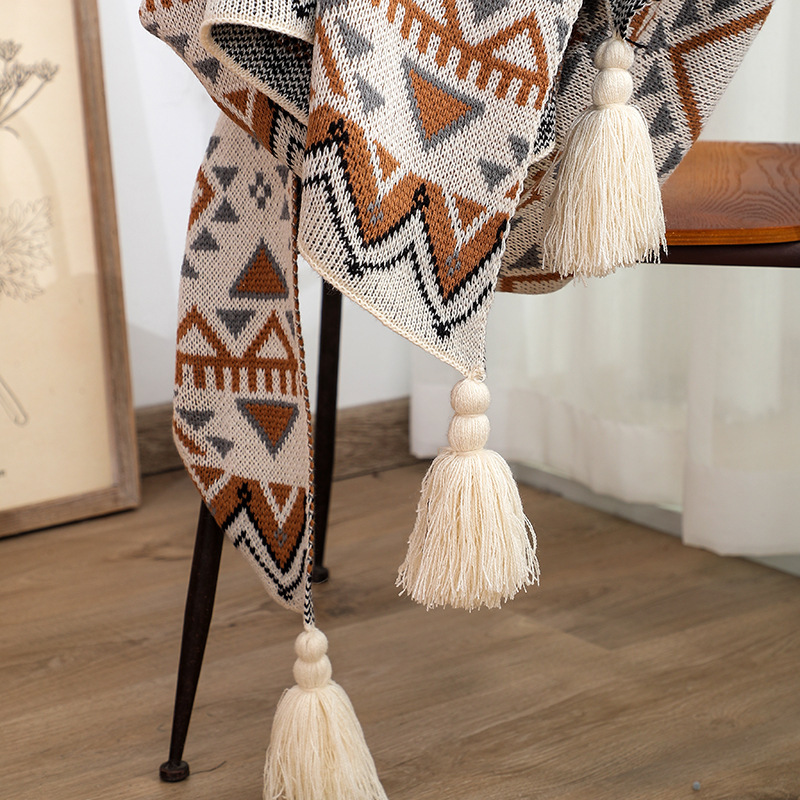 Boho вязать бросить одеяло с геометрическим ромбовидным узором и кисточками